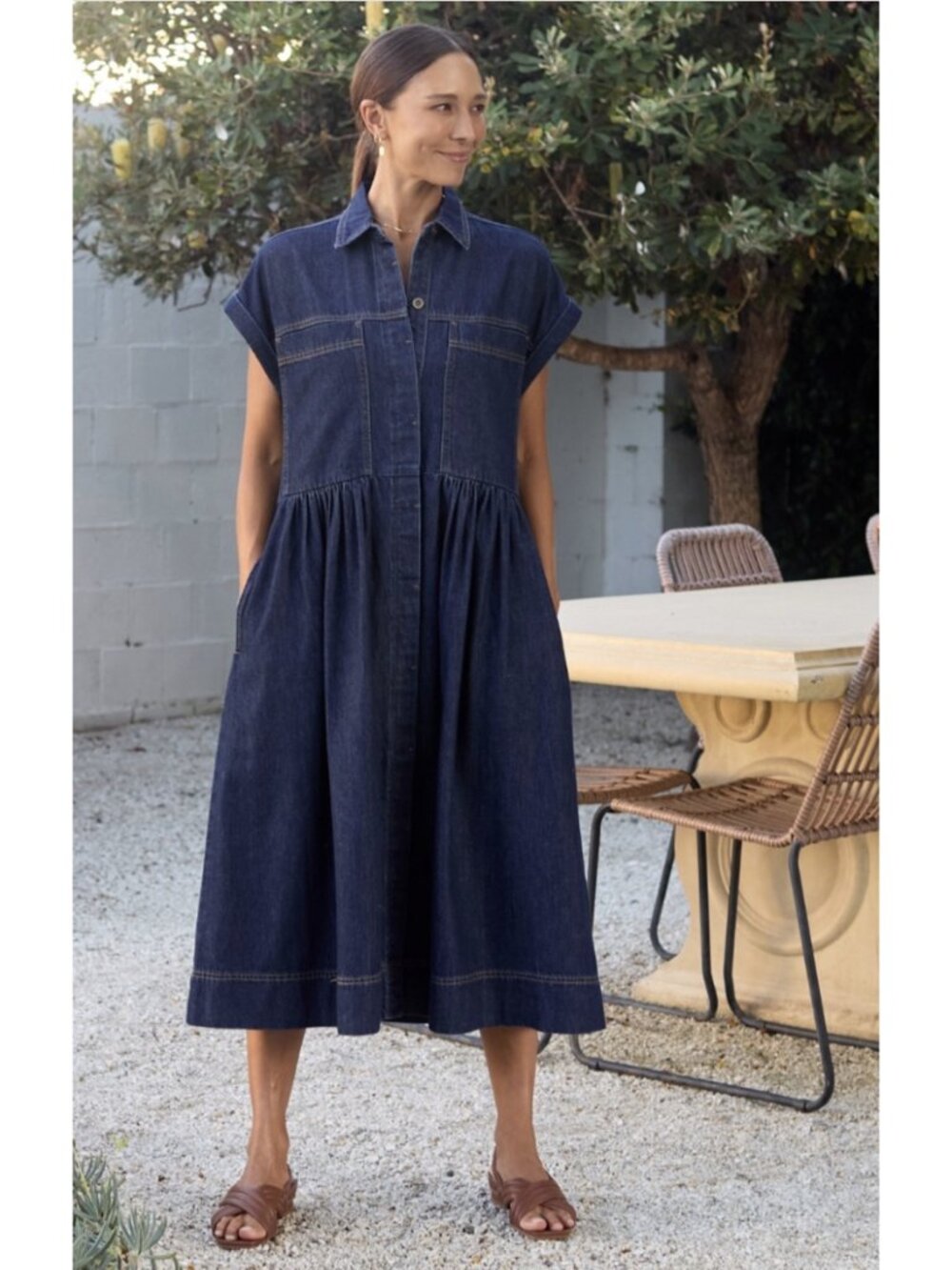 MAYE Harper Denim Dress Button Down 100% Cotton in Indigo XS Trad Cottage